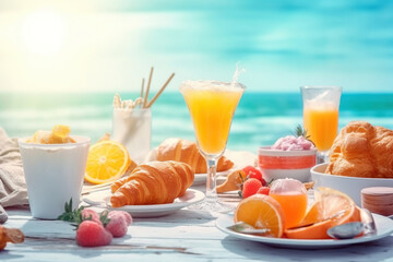 Delicious summer breakfast on amazing tropical beach. Created with generative Ai