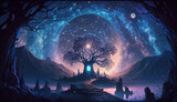 Fototapeta Kosmos - AI Generated horizontal wallpaper of a magical epic oak tree with a glowing mystic door, magic cosmos nebula with moon. Fantasy illustration with a fabulous starry sky in a mythical fairy tale night. 