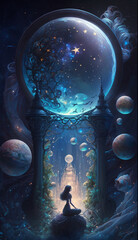 Wall Mural - ai illustration of a fable scenery, magic huge tall passage and moon in a magical night sky. a mysti