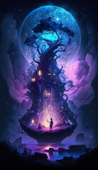 Wall Mural - ai illustration of a fable purple scenery, magic huge tall passage and moon in a magical night sky. 