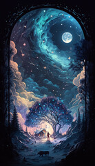 Wall Mural - ai art for cellphone display, fable scenery, magic huge tall entry, spiral clouds, magical night sky