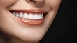 © Kateryna Kordubailo - This is an advertisement for Banner's tooth whitening services, showcasing a close-up of a female's perfect white teeth with a shade guide to illustrate the bleach color.  Generative AI