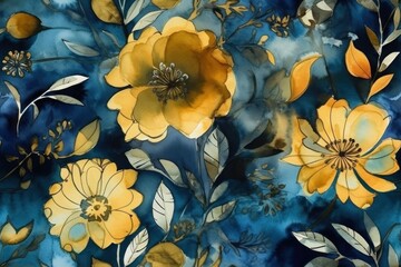 Wall Mural - Abstract watercolor floral pattern in a combination of bright yellow and dark blue colors, background. AI generated