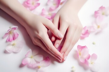 Close-up of beautiful female hands with flowers. The concept of hand care anti-aging cream and spa. AI generated