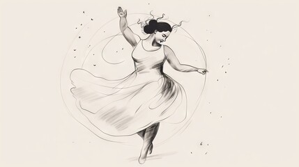 A woman with realistic body type dancing joyfully. Real is Beautiful concept illustration. Generative AI. 