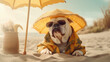Perrito  bulldog con gafas de sol y sombrilla amarilla, tumbado en la playa. concepto de viajes, vacaciones, verano