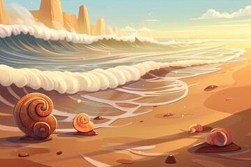 Wall Mural - two snails on a sandy beach. Generative AI