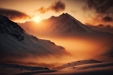 Wall Mural - Beautiful mountain sunrise in the background of white fog. Generative AI