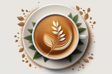 Top view of a cup of latte or cappuccino in an isolated art illustration on a white backdrop. Generative AI