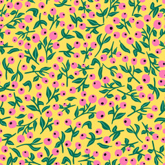 Wall Mural - Cute berries with leaves seamless repeat pattern. Random placed, floral botany all over surface print on yellow background.