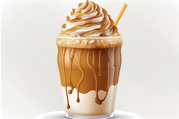 Iced caramel latte, a cool and sweet coffee beverage, topped with whipped cream and caramel sauce. Generative AI