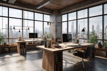 Wall Mural - Modern wooden and concrete coworking office interior with windows and city view, furniture and equipment. Workplace concept. 3D Rendering. Generative AI