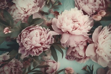 Wall Mural - Soft pastel floral pattern with peonies in pink and green with a vintage oriental feel, generative AI
