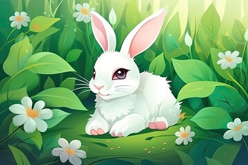 Poster - cute and fluffy white rabbit relaxing in a green grassy field. Generative AI