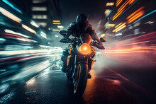Speed Motion Blur Motorcycle In The City Night. High Quality Illustration