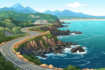 Poster - scenic coastal road with ocean view. Generative AI