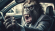 aggressiver Gorilla im Business Anzug voller Wut am schimpfen im Auto beim fahren im Straßenverkehr. Generative Ai.