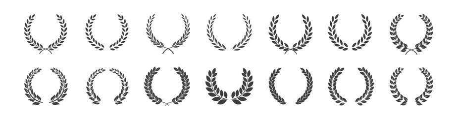 Wall Mural - Set of black circular foliate laurels branches. Laurel wreath. Silhouette vintage laurel wreaths collection. Heraldic trophy crest. Greek olive branch award, winner round emblem