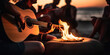 Blurred group of young people having fun sitting near bonfire on a beach at night playing guitar singing songs.	digital ai