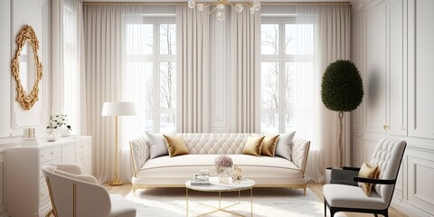 very light and bright interior of luxurious cozy living room with chic soft beige furniture with gold metallic elements, huge window to the floor and wooden parquet. Generative AI