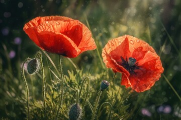 Wall Mural - Red poppy flowers in a wild field. Two stages in a common poppy flower and capsule. Summer, daytime. Digital watercolor painting. Generative AI