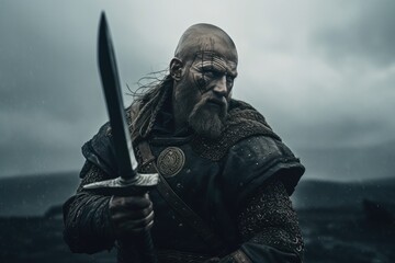 Vikings, Normans warriors and generals fighting on the battlefield, epic battle scene. Generative AI