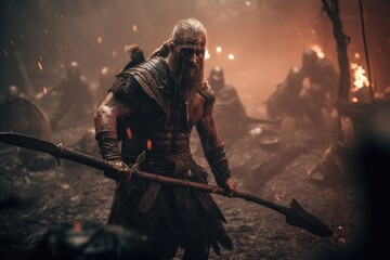 Vikings, Normans warriors and generals fighting on the battlefield, epic battle scene. Generative AI