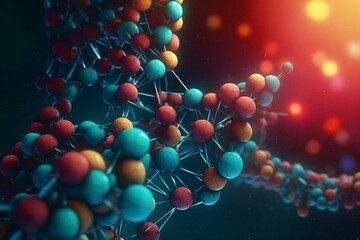 Wall Mural - Colorful molecules background. DNA helix, DNA strand, DNA Test. Molecule or atom, neurons. Abstract structure for science or medical background, banner. Scientific illustration. Generative AI