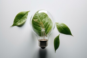 Wall Mural - Eco friendly lightbulb from fresh leaves top view. Energy saving, ecology and environment sustainable resources conservation. Green and clean power concept. white background. Generative AI