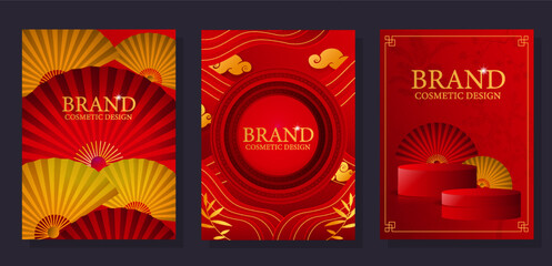 Wall Mural - Chinese brand banners set. Collection of posters or banners for website. Fans and podiums for products. Asian traditions and culture. Cartoon flat vector illustrations isolated on black background