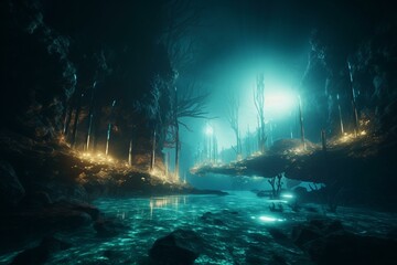 Wall Mural - Bioluminescence fantasy world with sunrays - Generative AI