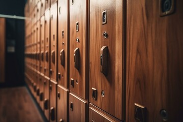 Wall Mural - Wooden lockers with key in locker room at school sport club office. Generative AI