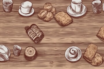 Sticker - variety of pastries displayed on a wooden table. Generative AI