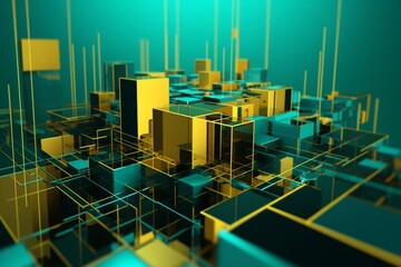 Wall Mural - Turquoise and Yellow Tech Background with a Geometric 3D Structure. Clean, Minimal design with Simple Futuristic Forms. 3D Render. Generative AI