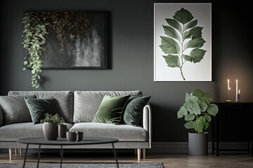 Real photo of a grey sofa standing in a stylish living room interior behind a white table with leaves and in front of a grey wall with posters. Generative AI