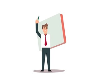 Poster - businessman in a red tie writing on a whiteboard in a meeting room. Generative AI