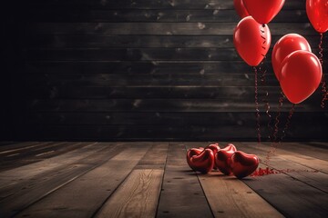 Wall Mural - valentine's day background with hearts balloon and red heart on a wooden table. Generative AI