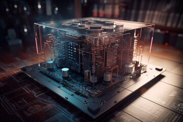 A model of a quantum computer against the background of formulas, a quantum factorization algorithm. 3D render. New technologies in parallel computing, scientific and technical. Generative AI