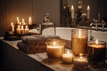 Wall Mural - Stylish interior of modern bathroom with burning candles, closeup. Generative AI