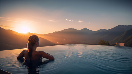 Sticker - A woman sitting in a pool at sunset. AI generative image