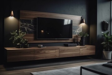 Wall Mural - Wooden wall mounted tv in modern living room with decoration on dark wall background. Generative AI