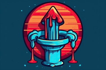 Sticker - vibrant red and blue fountain with a bold red sun setting in the background. Generative AI