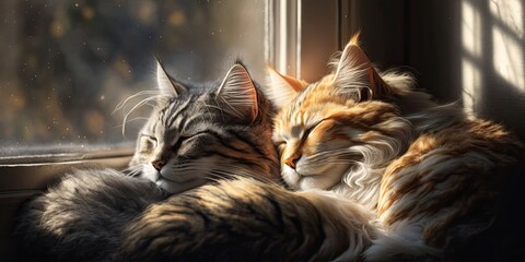 Two cats, a short hair gray and white tabby and a long hair orange and white long hair sleep in the sunlight of a large glass window inside a home. Selective focus on gray white tabby. Generative AI