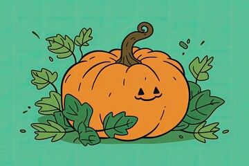 Sticker - pumpkin with green leaves surrounding it. Generative AI