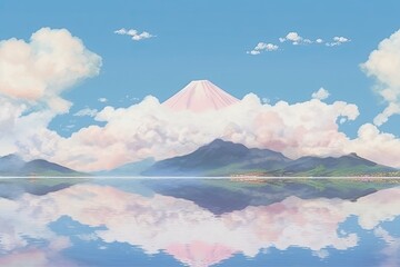 Poster - serene mountain landscape with a mirrored reflection in the water. Generative AI