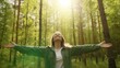 © Pro Hi-Res - Overjoyed happy woman enjoying the green beautiful nature woods forest around her - concept of female people and healthy natural lifestyle - happiness emotion and adult lady opening arms. Generative A
