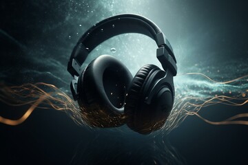 Wall Mural - Headphones and soundwaves. Creative music. Generative Ai technology