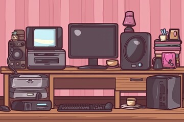 Poster - cluttered computer desk with multiple electronic devices and accessories. Generative AI