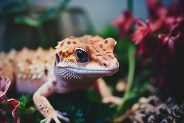 Sticker - gecko hiding in a tropical plant. Generative AI