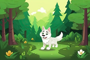 Wall Mural - white dog standing in a serene forest landscape. Generative AI